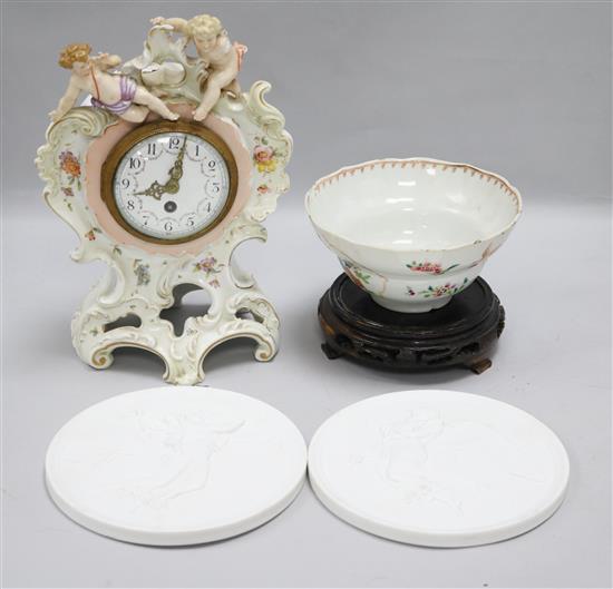 A Qianlong famille rose bowl, two Royal Copenhagen biscuit roundels and a mantel timepiece